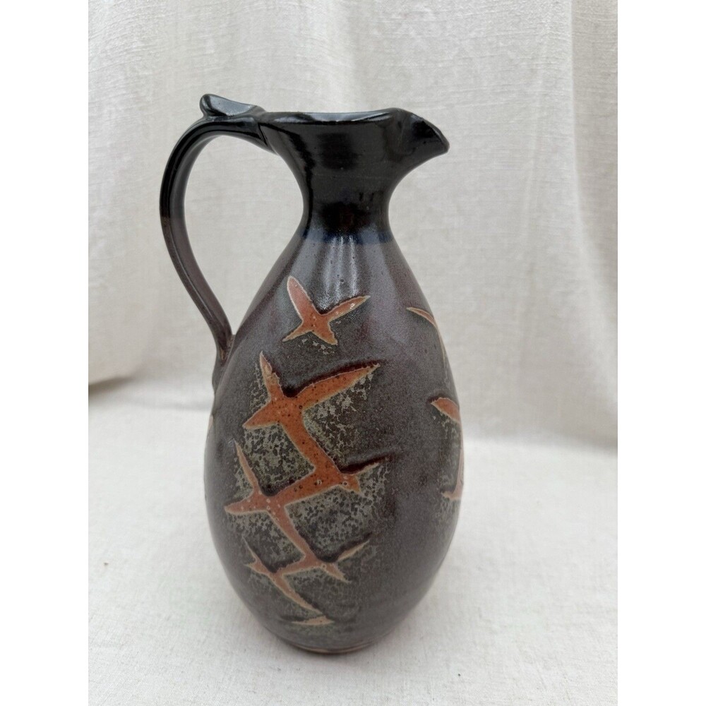 Vintage Studio Art Pottery Pitcher Vase Bird Motif Signed Bellinger Stoneware